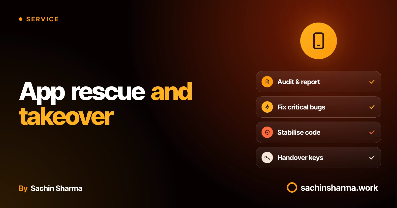 App rescue service with four key steps shown as chips around a phone icon