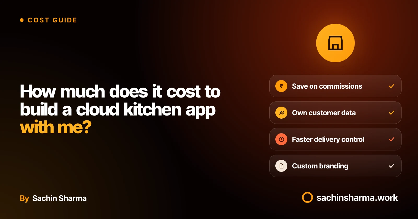 Hero artwork for cloud kitchen app cost guide with store, rupee, users, clock and doc icons