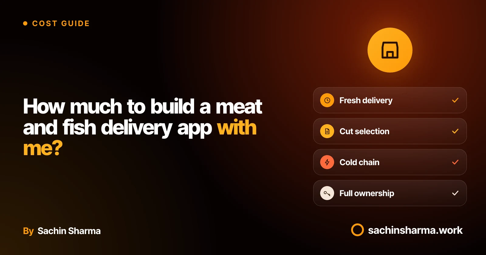 Hero artwork: meat delivery app with features like cut selection, cold chain, freshness timer, and full ownership