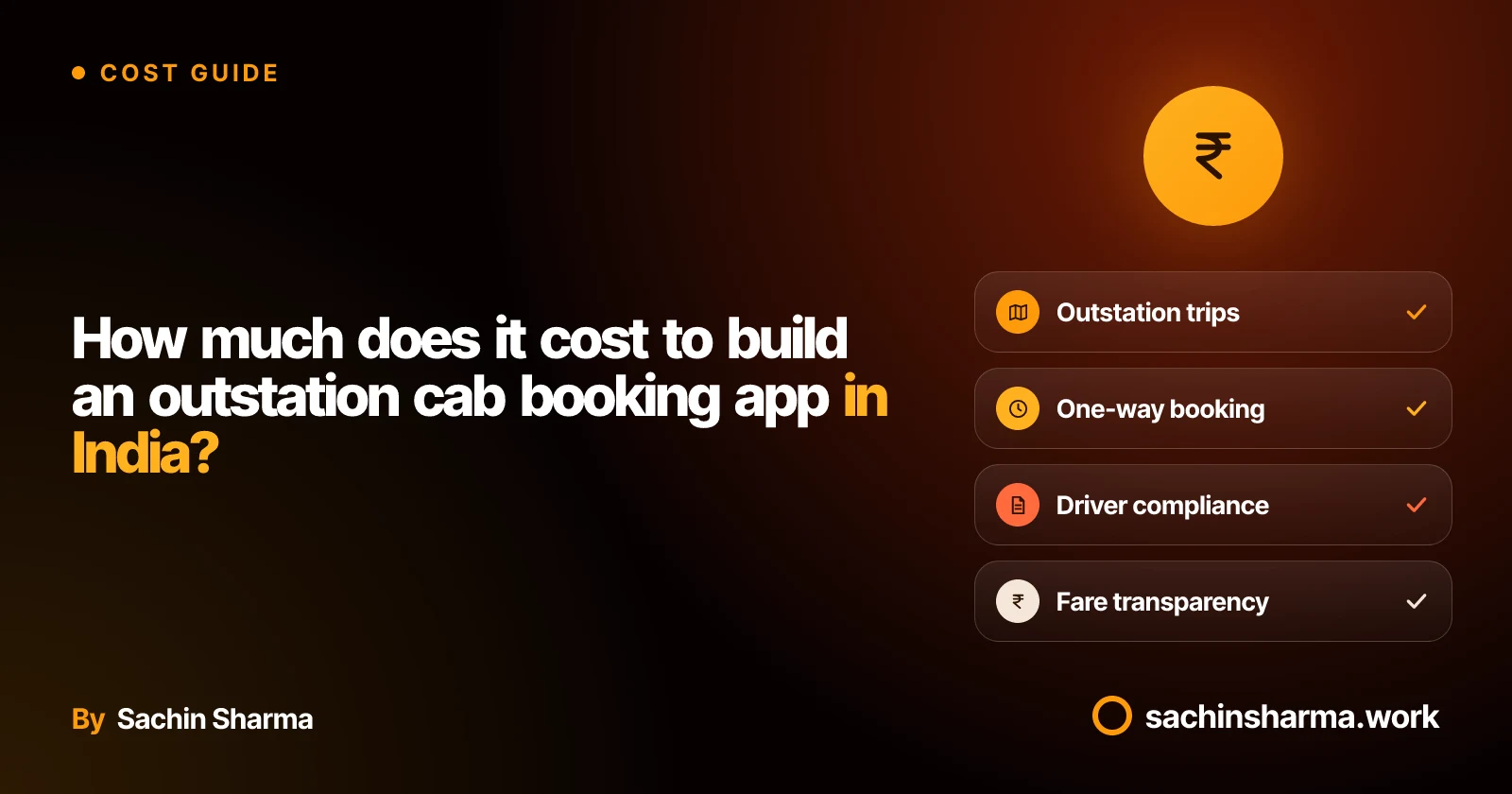 Hero artwork with car icon and four chips: outstation, one-way, compliance, fare