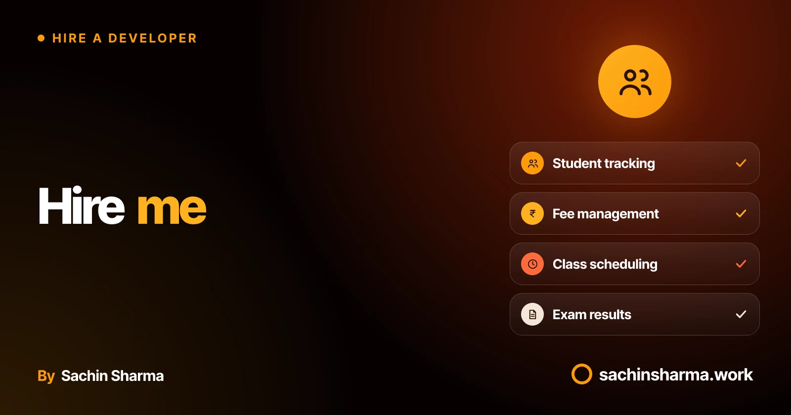 Premium card layout showing key features of a coaching institute app: students, fees, classes, results