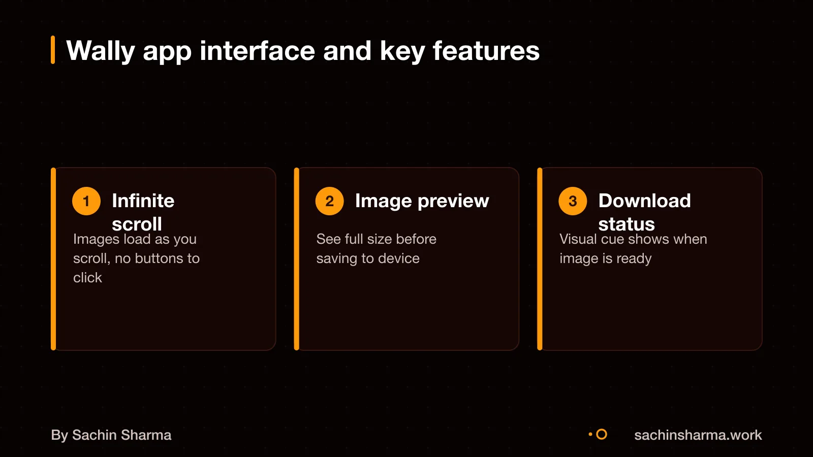App screens showing infinite scroll, image preview and download status